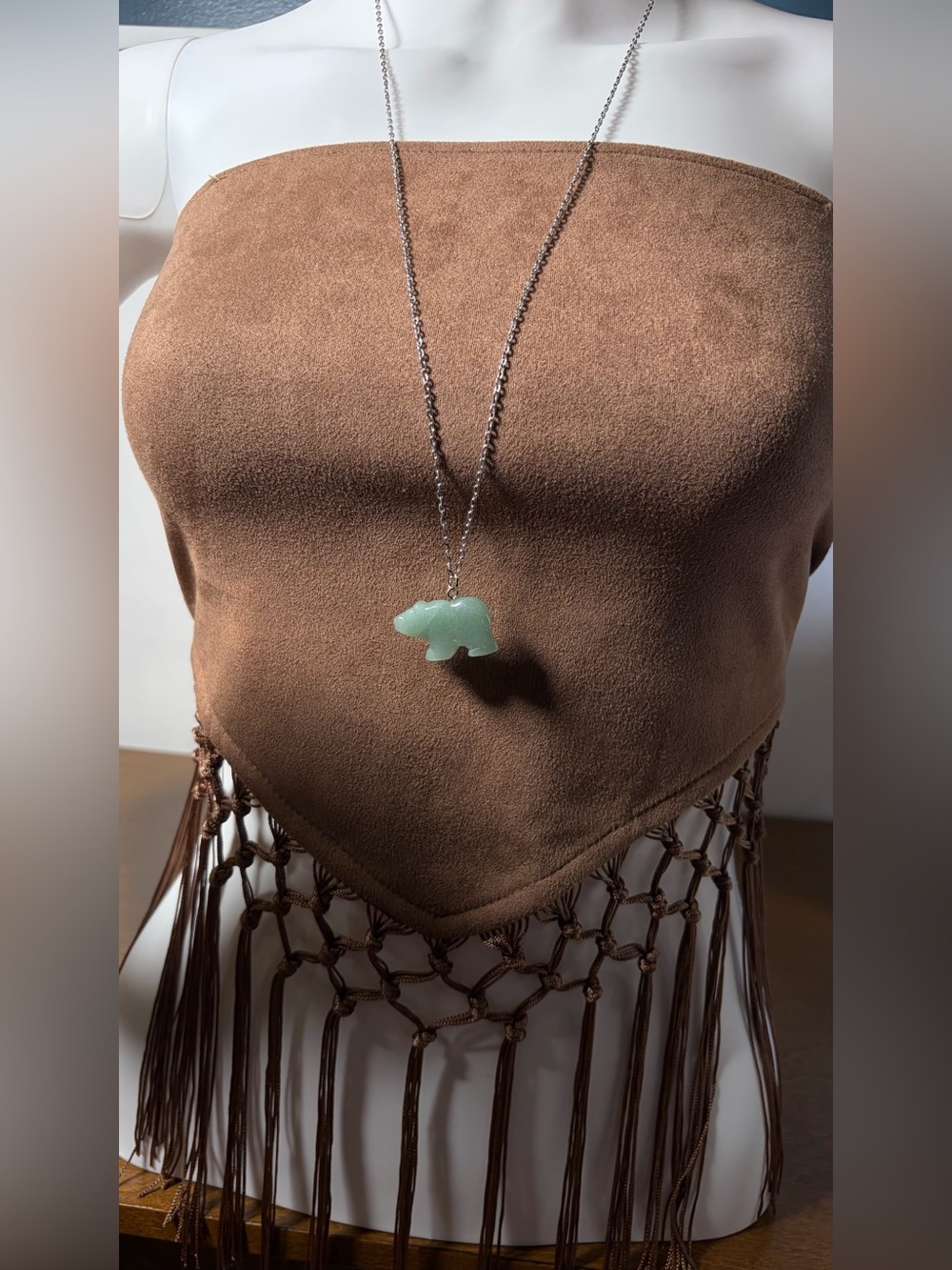 Green Aventurine Bear Hand-Carved Pendant Necklace Long - Picture 7 of 15